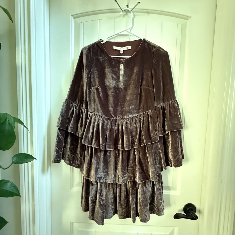 Banana Republic x Olivia Palermo Tiered Velvet Ruffle Dress Brown NWT 00P - Picture 3 of 10